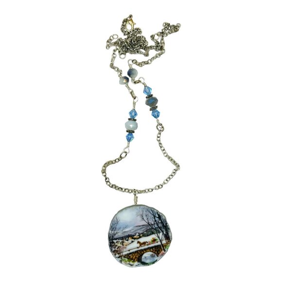 1989 Avon Dashing Through The Snow Broken China Necklace W Multifaceted Crystals - Picture 12 of 17